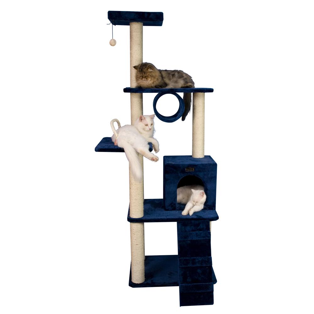 71" Navy Real Wood Cat Climbing Tower, Cat Scratching Furniture
