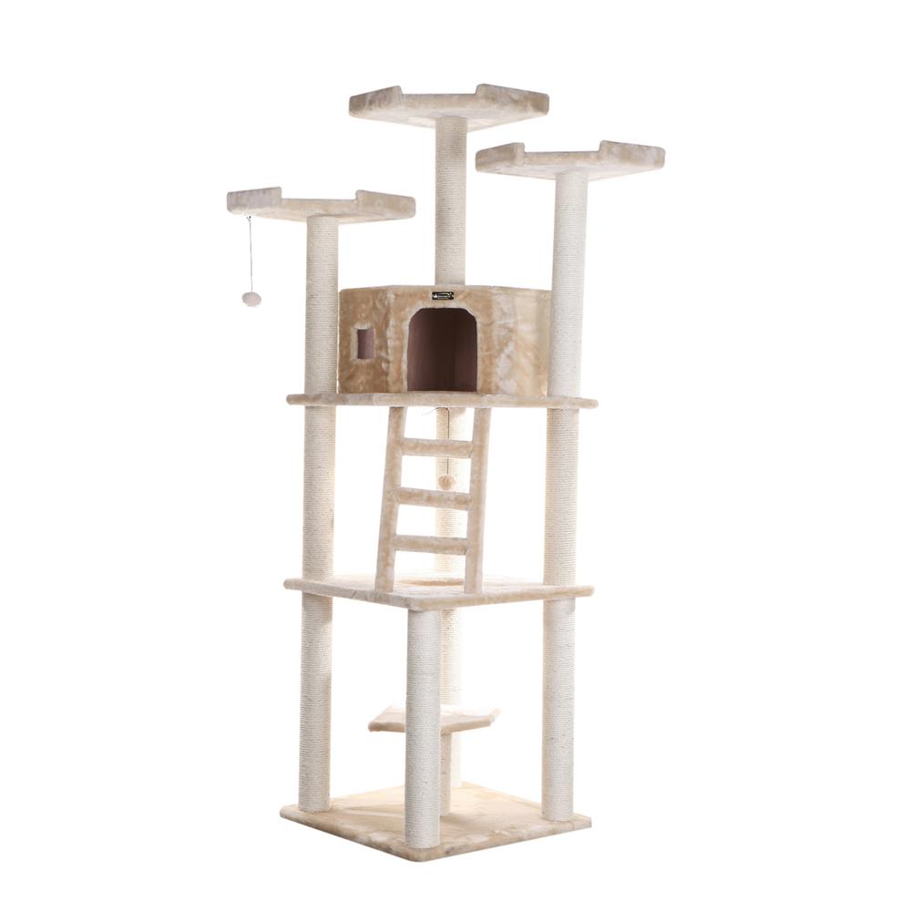 Multi-Function Real Wood Cat Tower W Spacious Condo, Perches Beige