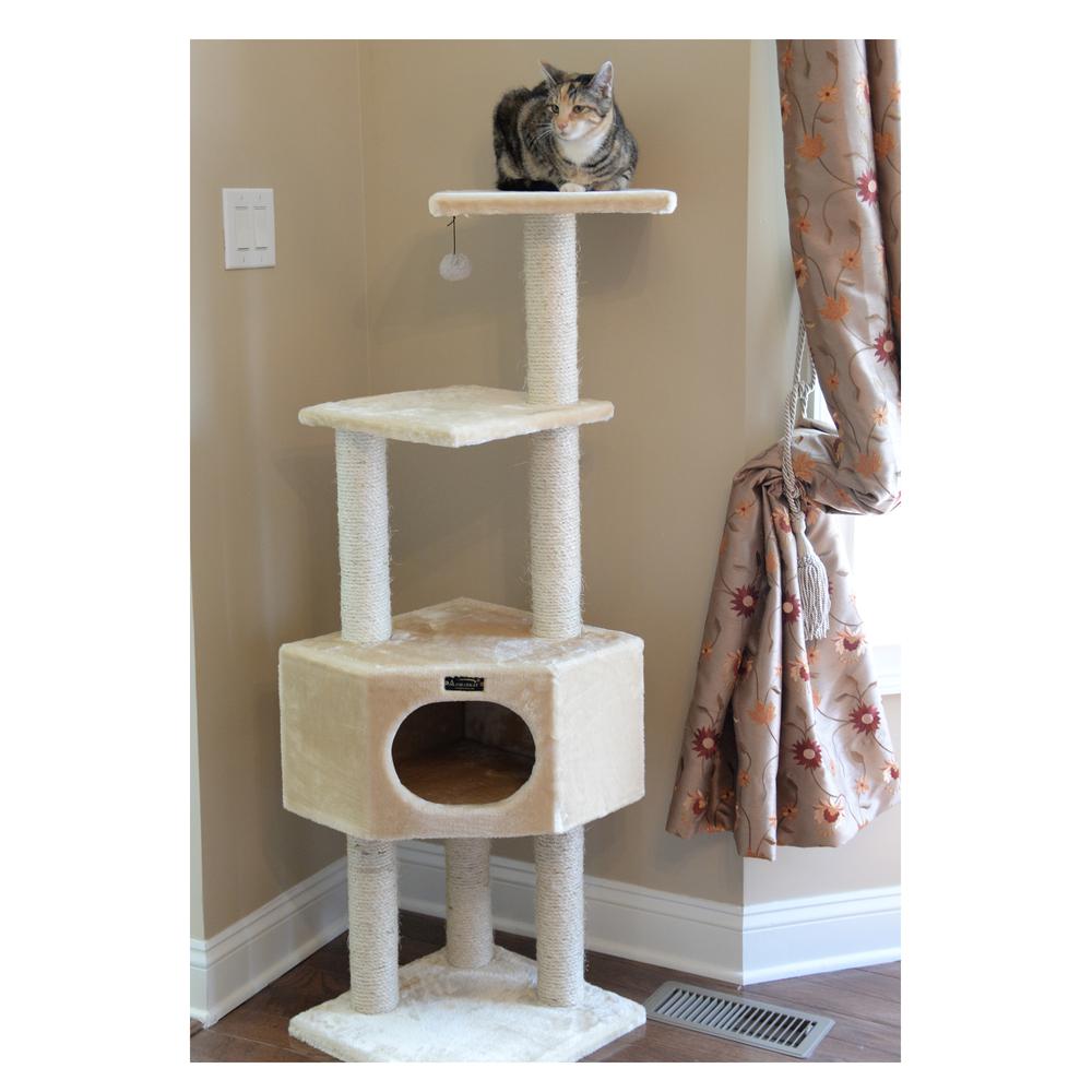3 Tier Real Wood Cat Tree, Scratch Furniture, Beige