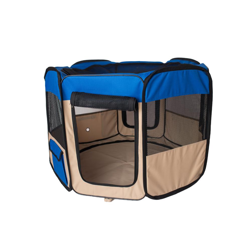 Portable Pet Playpen In Blue And Beige Combo