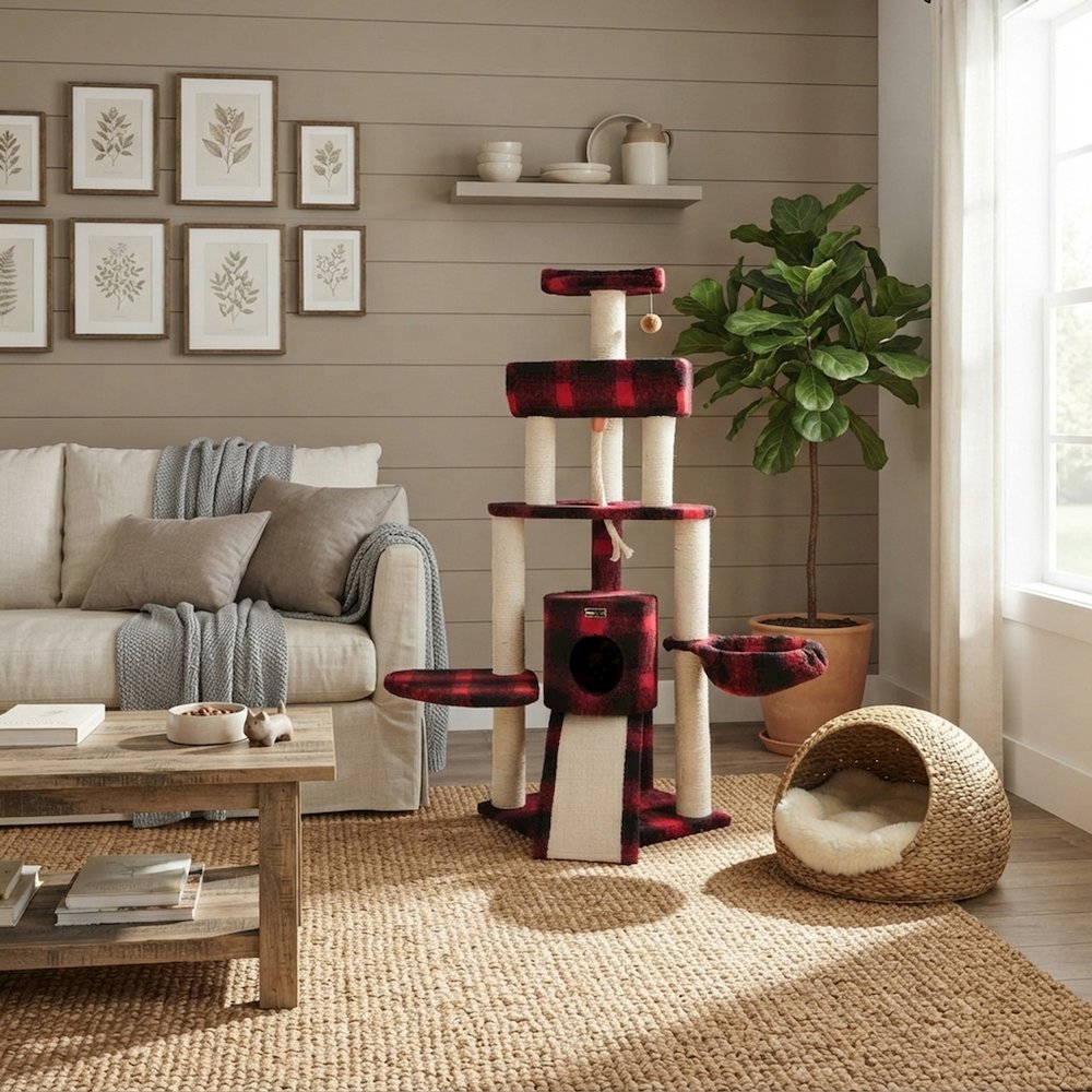 Bison Pets Cat Tree Tower with Four Levels, Sisal Rope and Condo, Black/Red