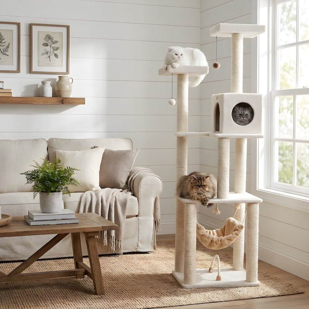 Pressed Wood Cat Tree with Sisal Posts, Four-Level Tower with Hammock and Condo