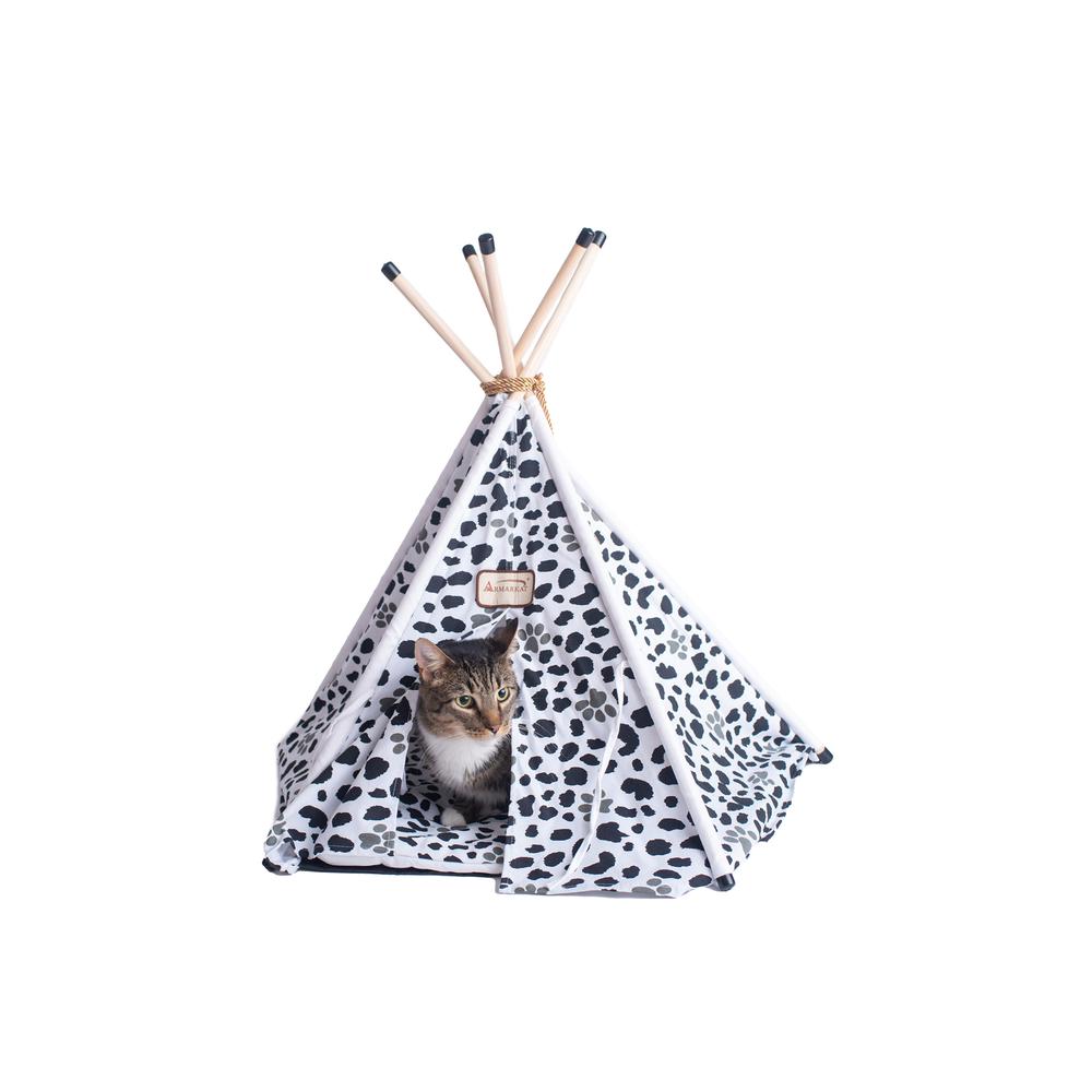 Cat Bed Teepee Style, White W/Black Paw Print
