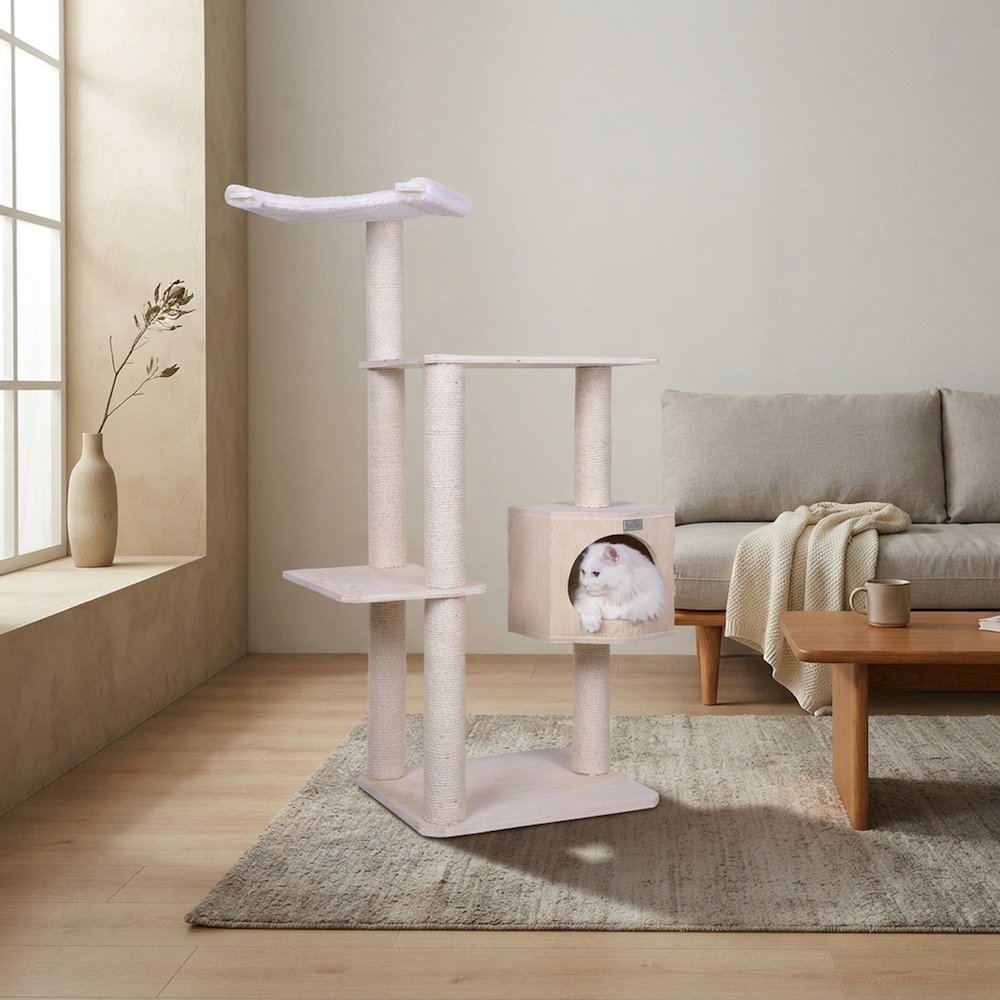 Bison Pets Cat Tree Tower with Three-Level Scots Pine Condo, Natural Beige