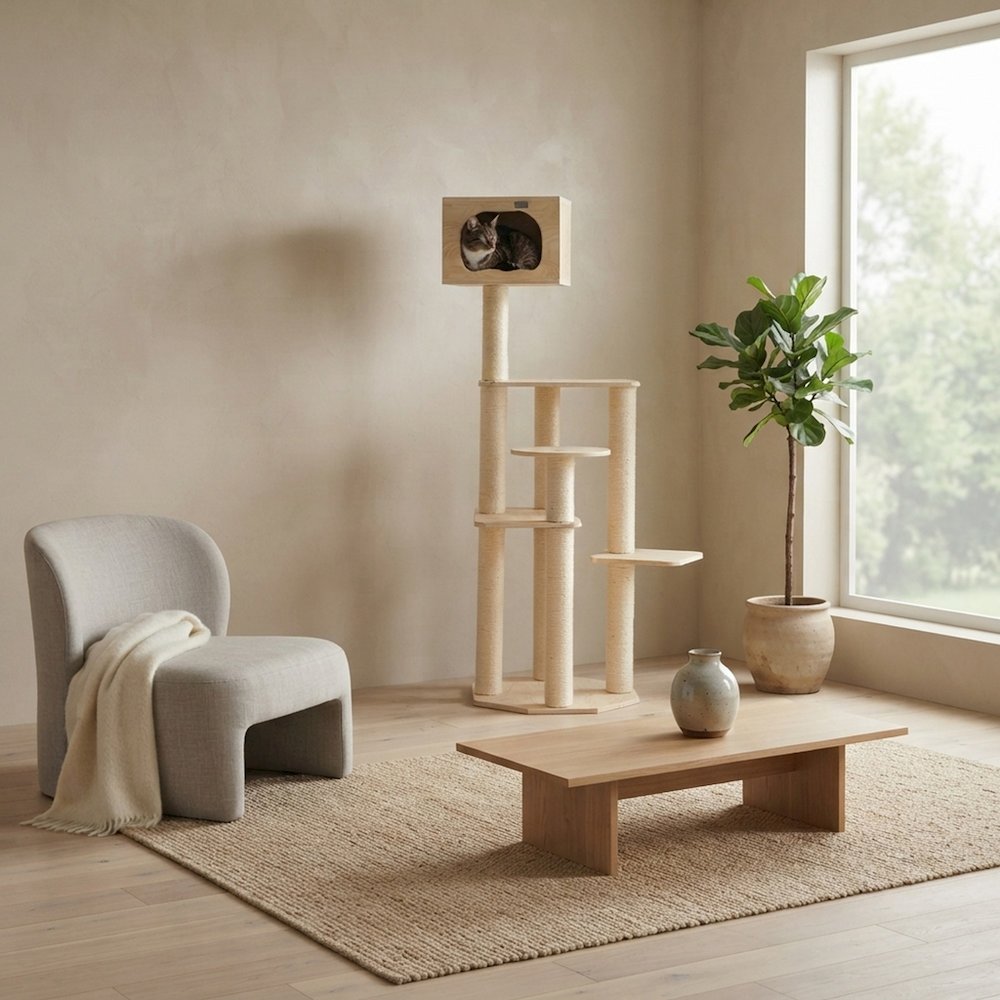 Bison Pets Tall Cat Tree with Five-Level Scots Pine Condo, Natural Beige