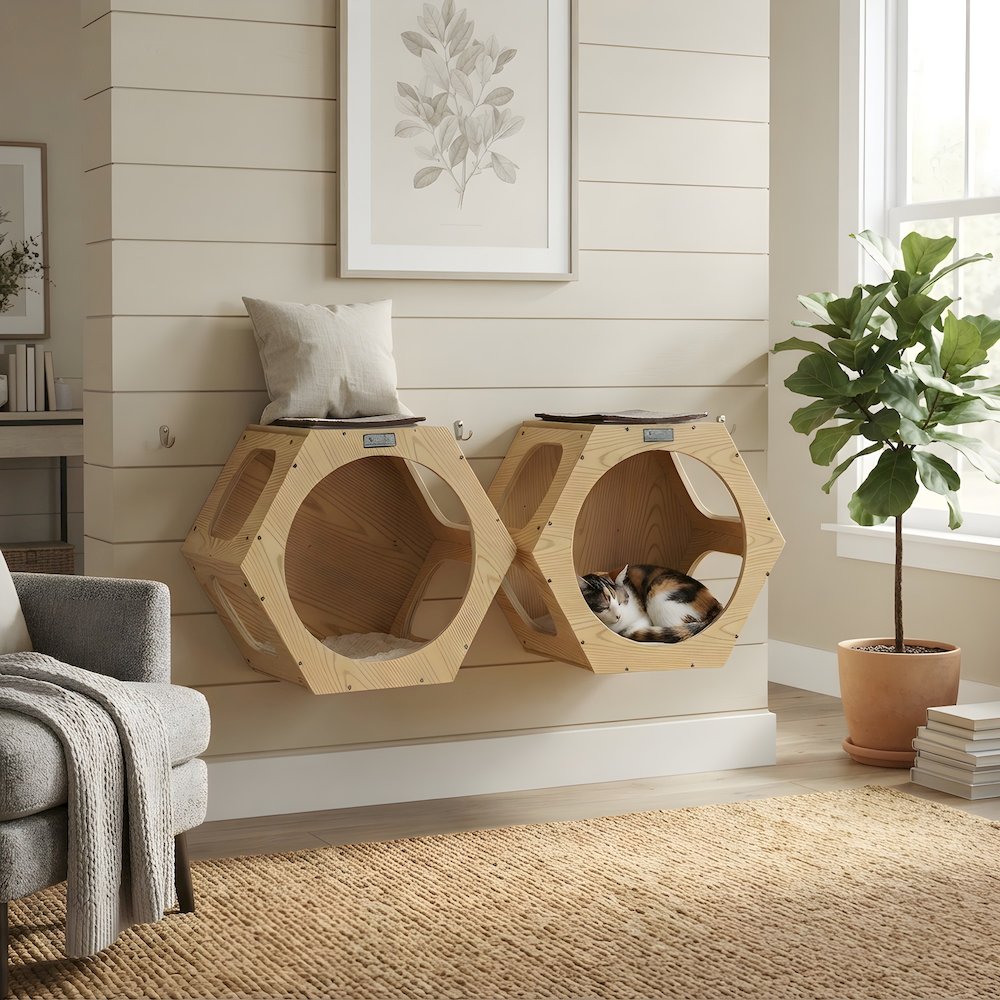 Solid Wood Hexagon Condo Wall-Mounted Cat Climbing Perch and Scratcher