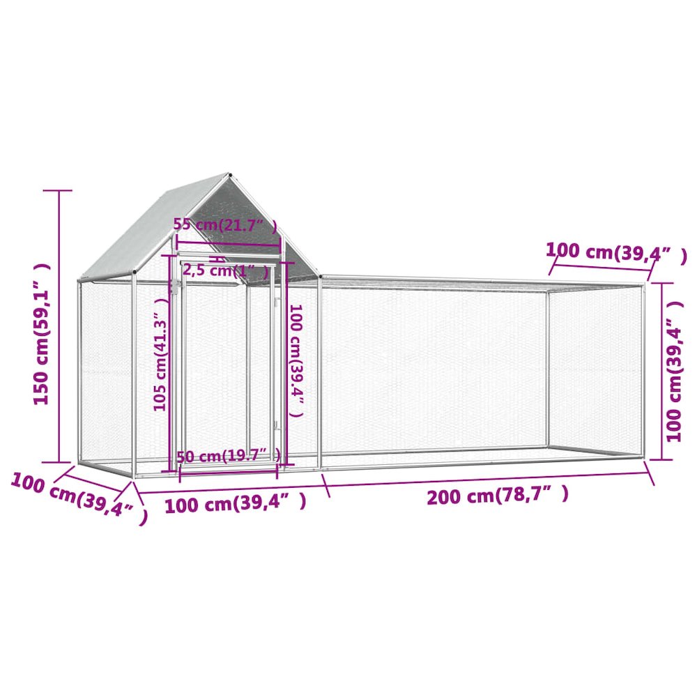 Chicken Coop Silver Galvanized Steel 39.4W x 118D x 59.1H