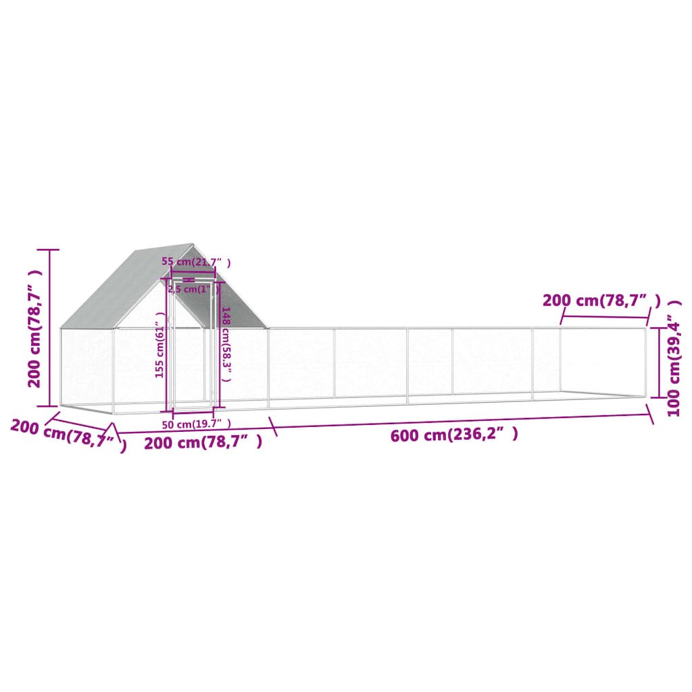 Chicken Coop Silver Galvanized steel 26x6.5x6.5 feet Durable