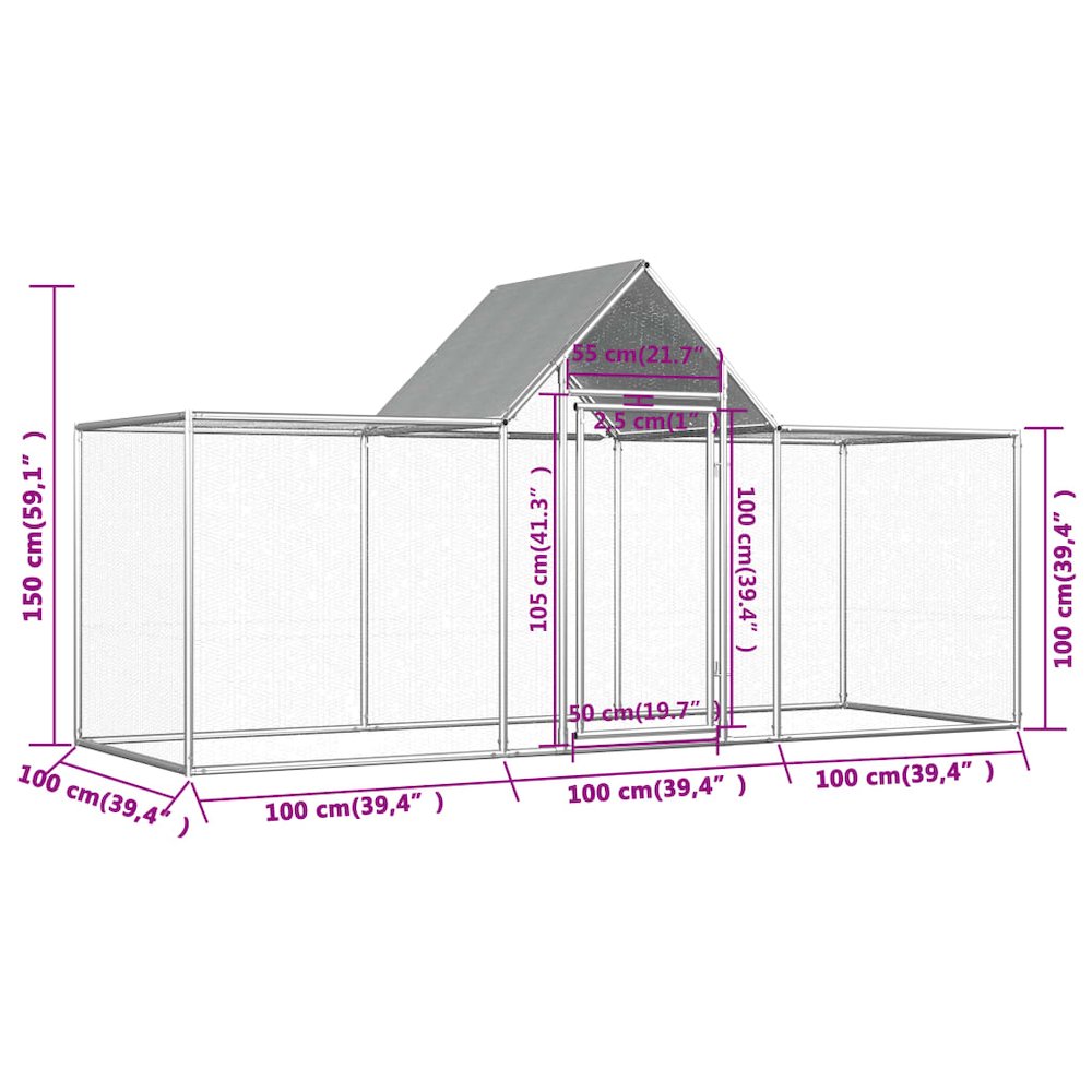 Chicken Coop Silver Galvanized Steel Large 39.4W x 139.4D x 59.1H