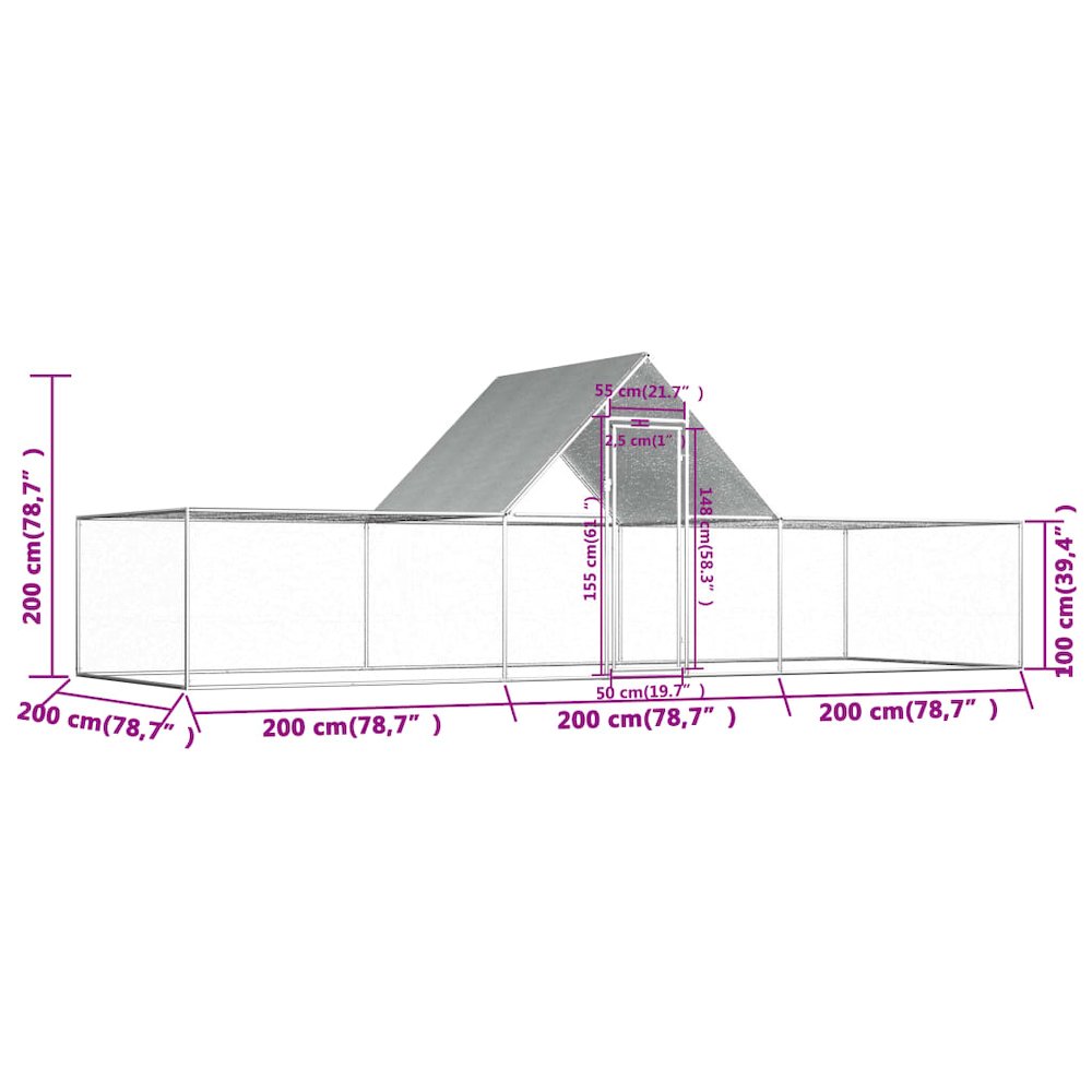 Chicken Coop Silver Galvanized Steel 262.2W x 78.7D x 78.7H