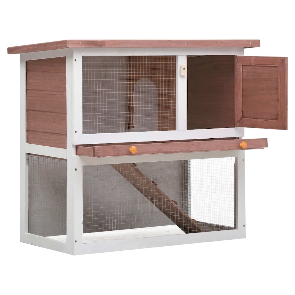 Rabbit Hutch Brown And White Solid Pine Wood, Plywood, Iron Wire Mesh