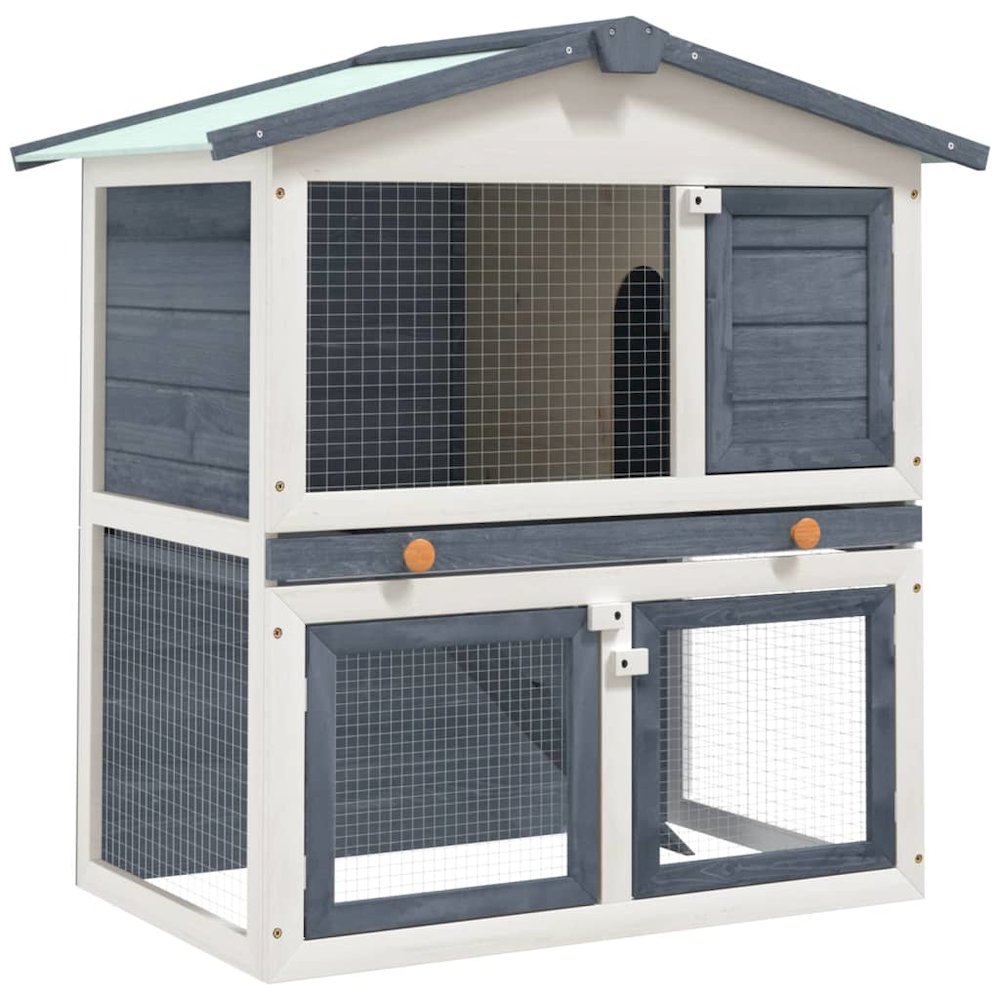 Rabbit Hutch Grey And White Solid Pine Wood, Powder-Coated Iron Mesh