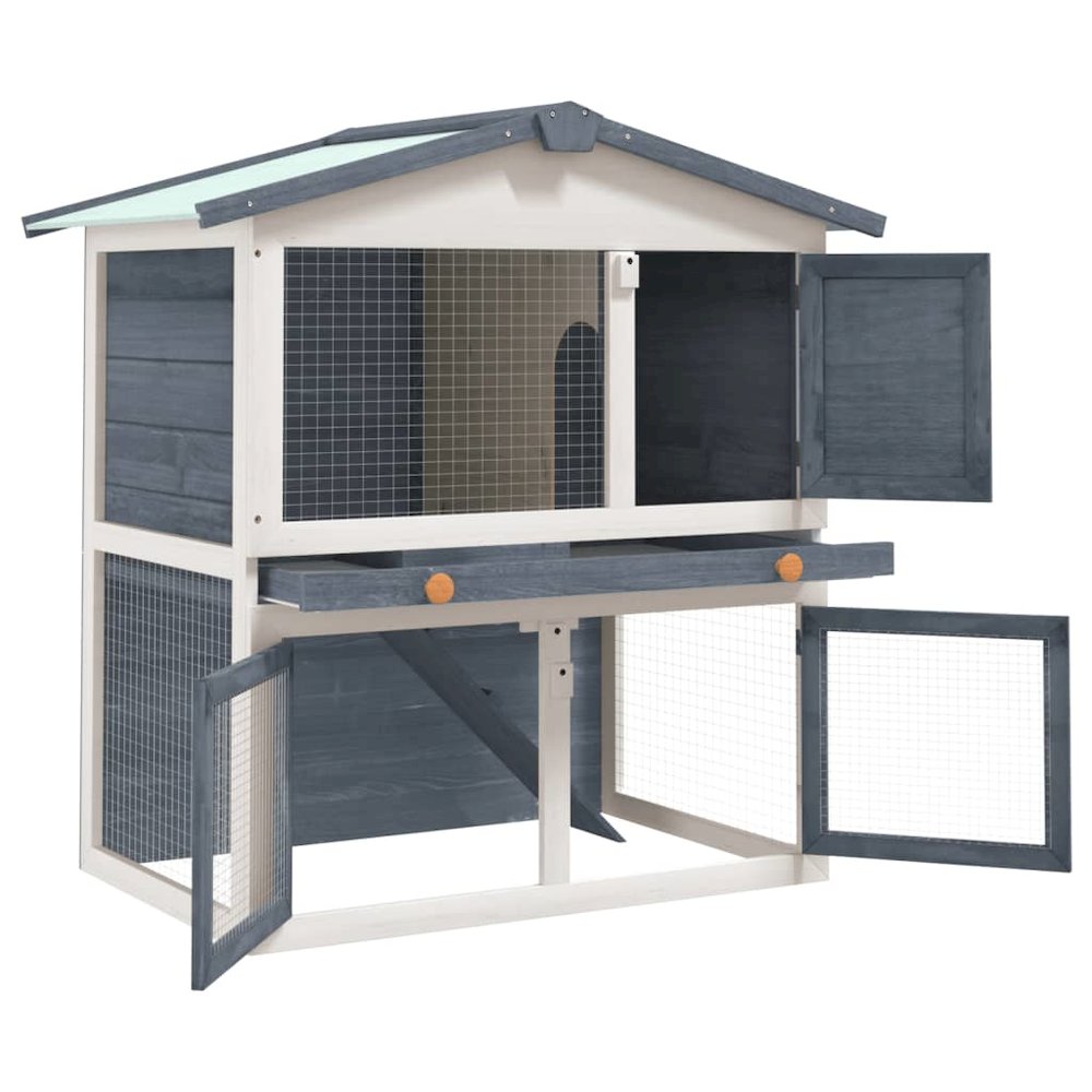 Rabbit Hutch Grey And White Solid Pine Wood, Powder-Coated Iron Mesh
