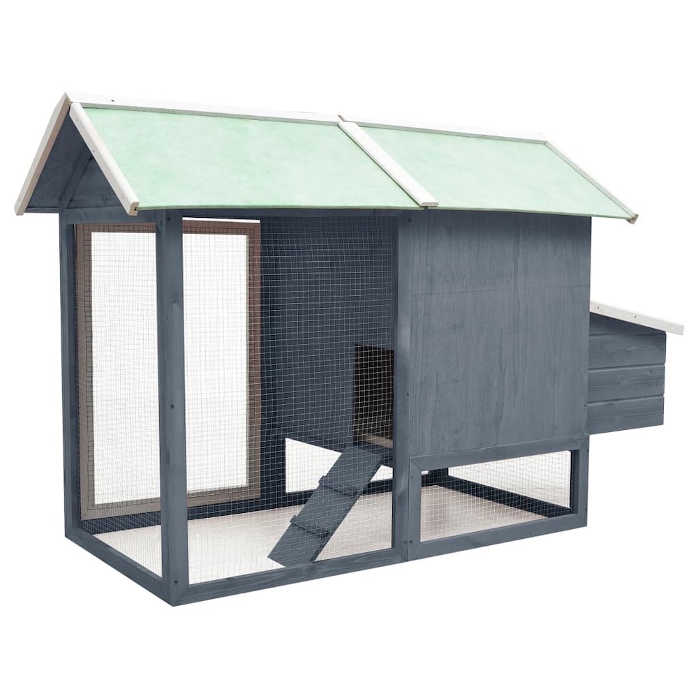 Rabbit Hutch Grey, Green Solid Pine Wood, Fir Wood, Iron Wire Mesh
