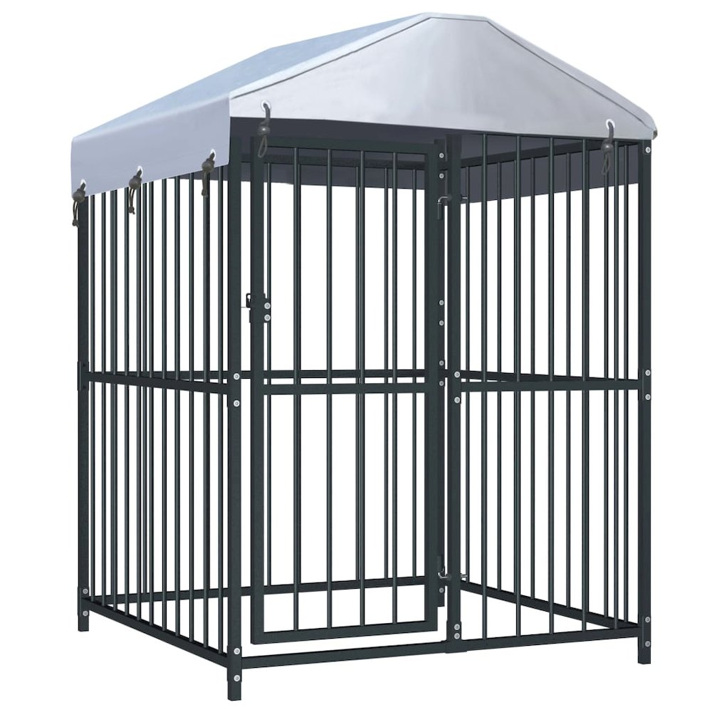 Dog Kennel Black Steel, Fabric (100% Polyethylene)