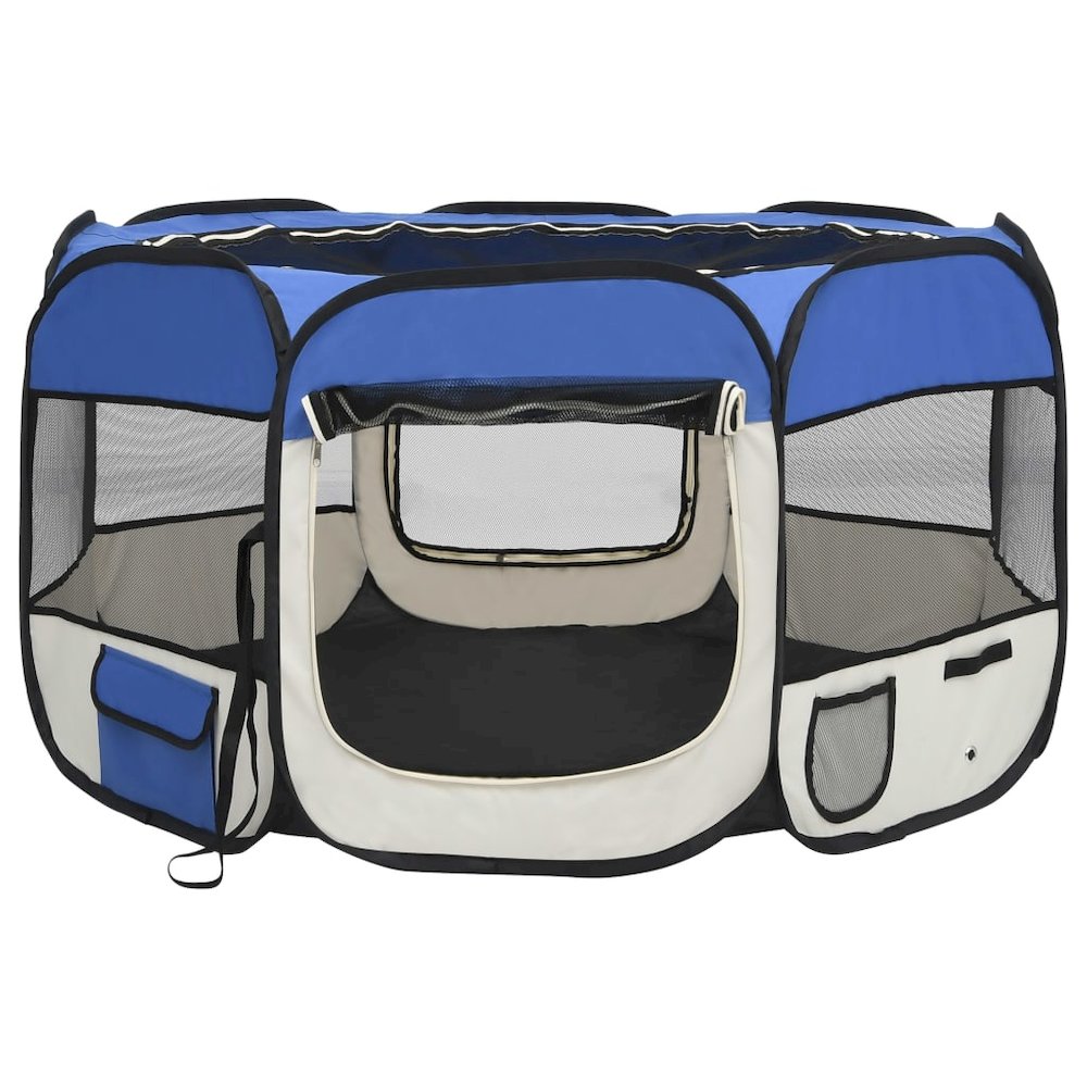Dog Playpen Blue And Cream Polyester, Steel 43.3W x 43.3D x 22.8H