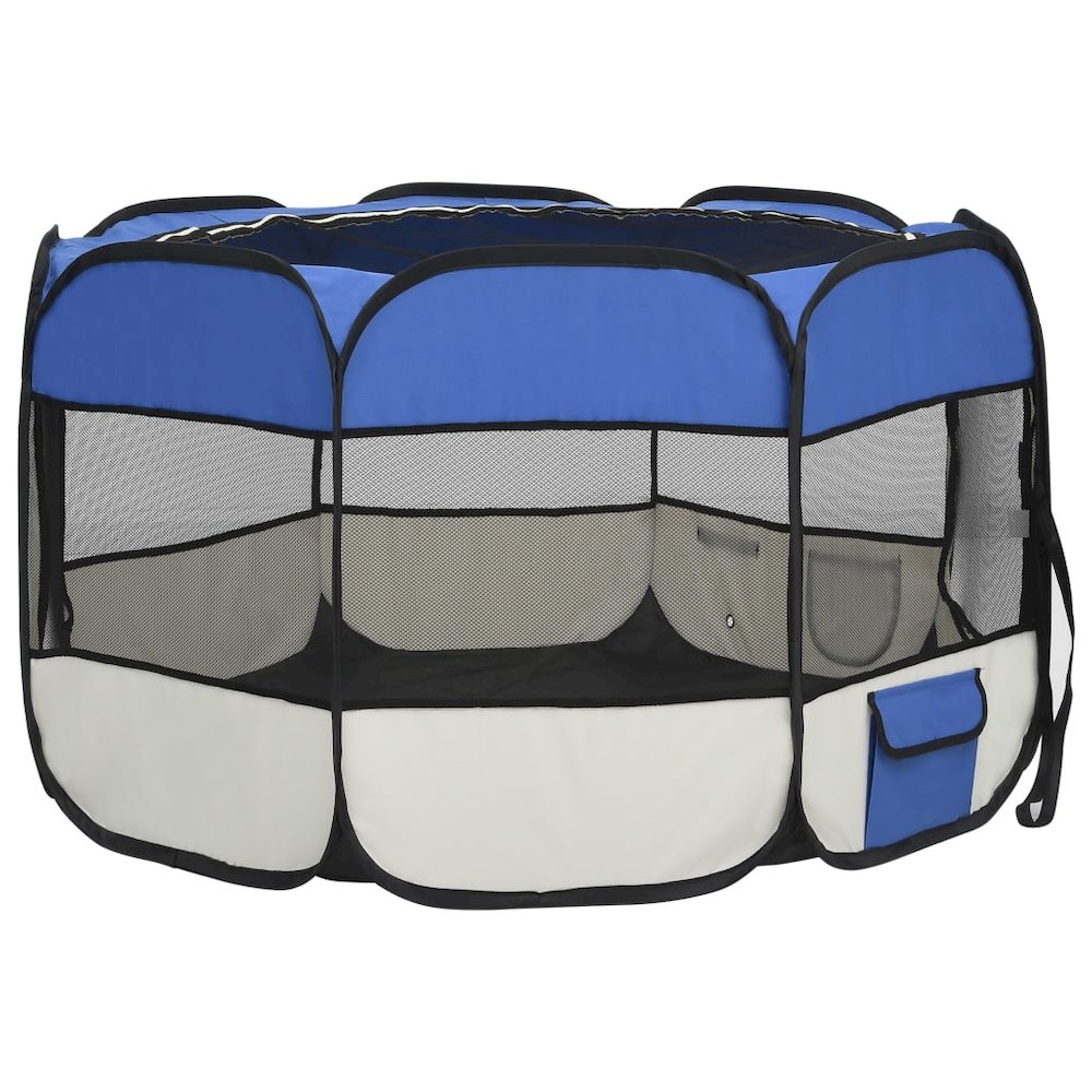 Dog Playpen Blue And Cream Polyester, Steel 43.3W x 43.3D x 22.8H