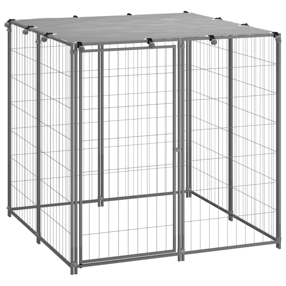 Dog Kennel Silver And Grey Steel, Polyethylene (Pe)