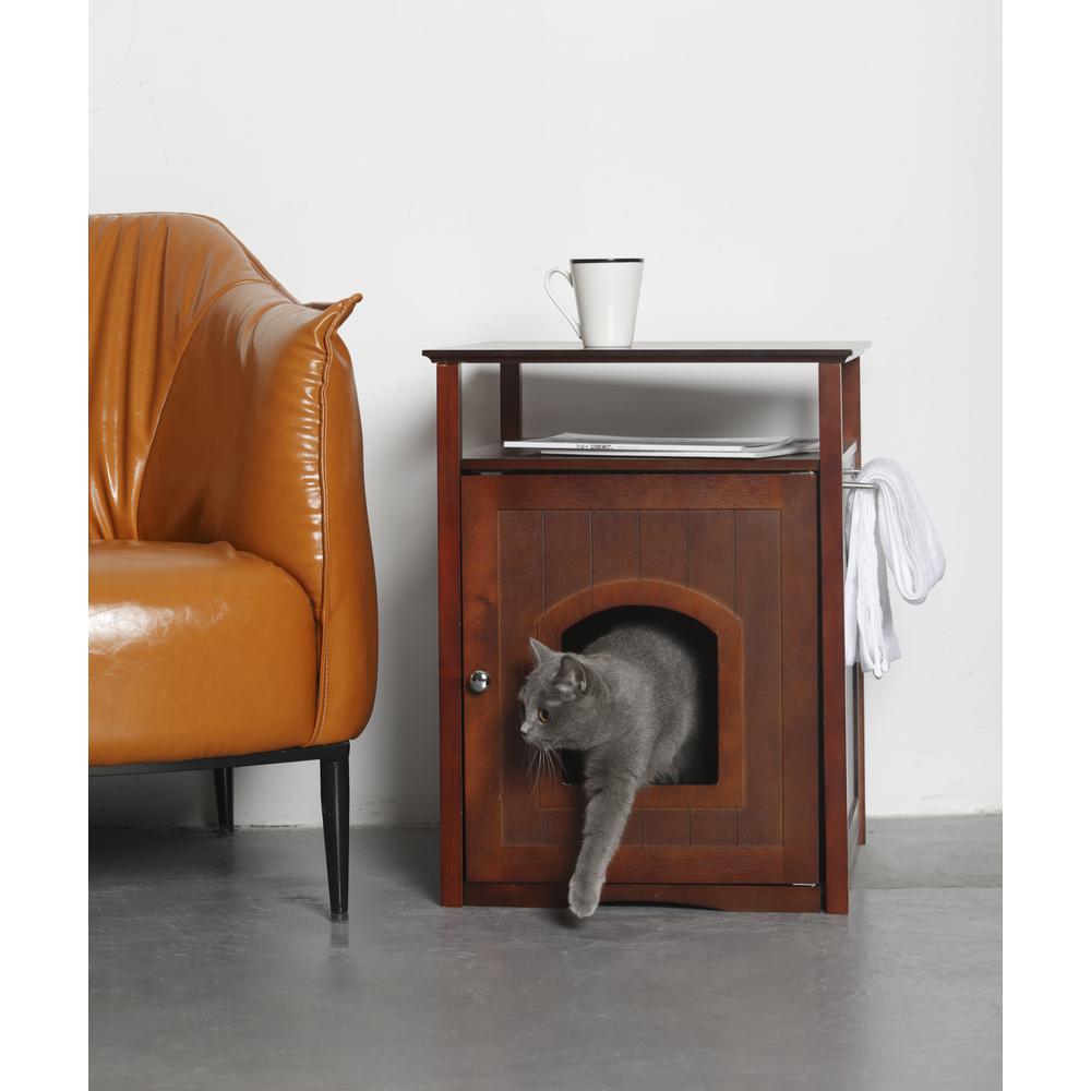 Cat Washroom Litter Box Cover / Night Stand Pet House, Walnut