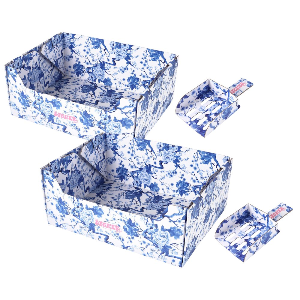 Bosco 17" Cardboard Cat Litter Box with Scoop, Chinoiserie Blue (2-Pack)
