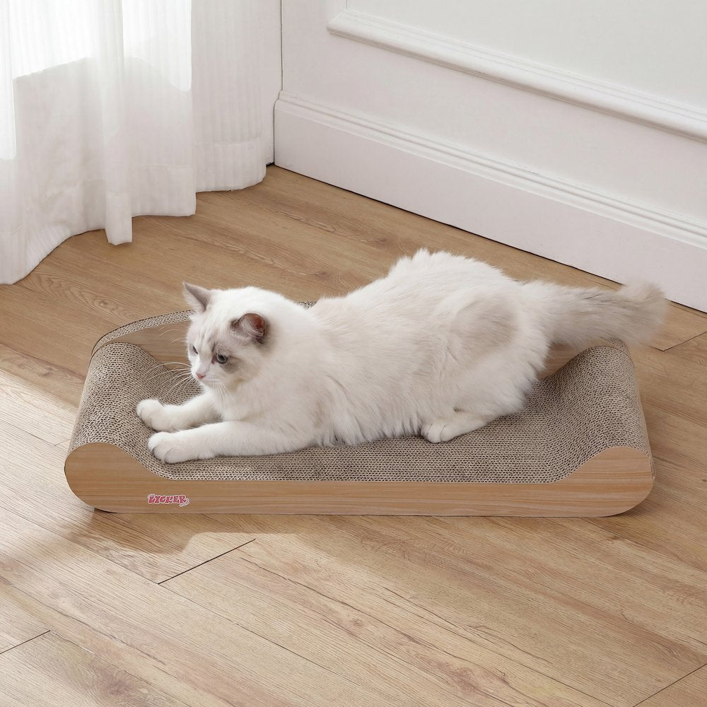 Montego Coastal Cardboard Lounge Bed Cat Scratcher with Catnip, Oak Wood Finish