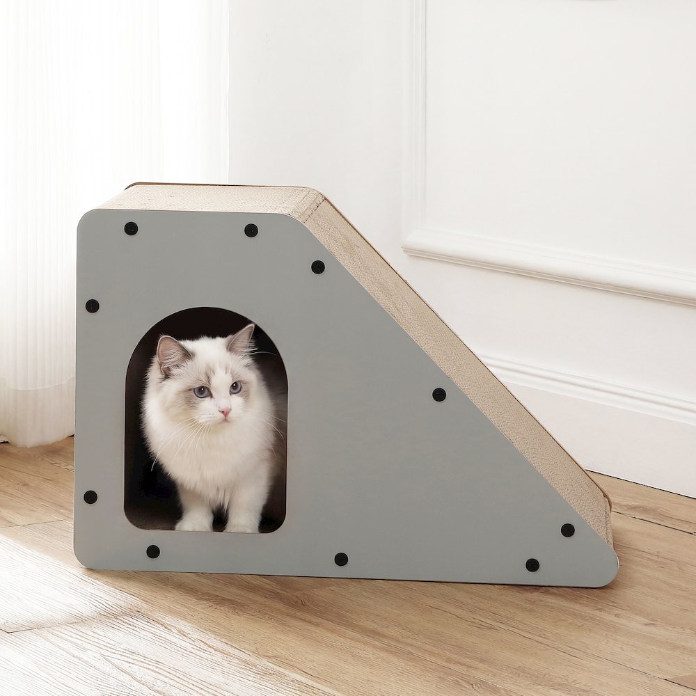 Kento Minimalist Cardboard Angled Cat Cave Scratcher with Catnip, Gray