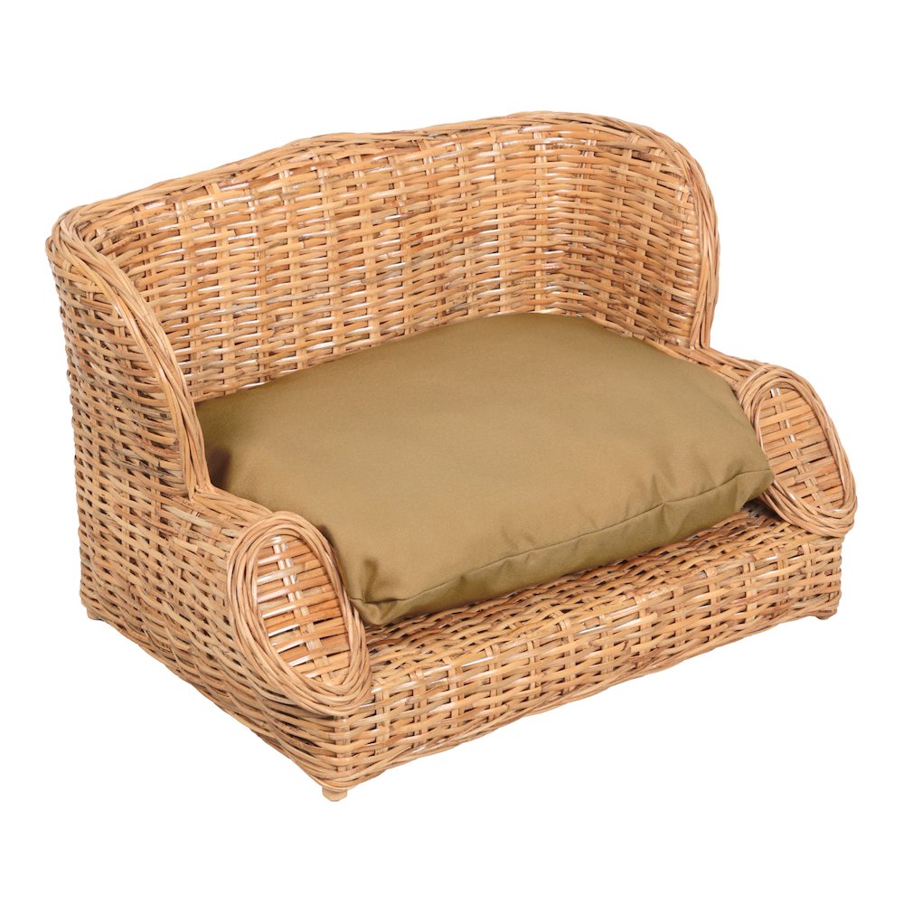 Classic Mediterranean Water Hyacinth Pet Daybed with Cushion, Light Brown