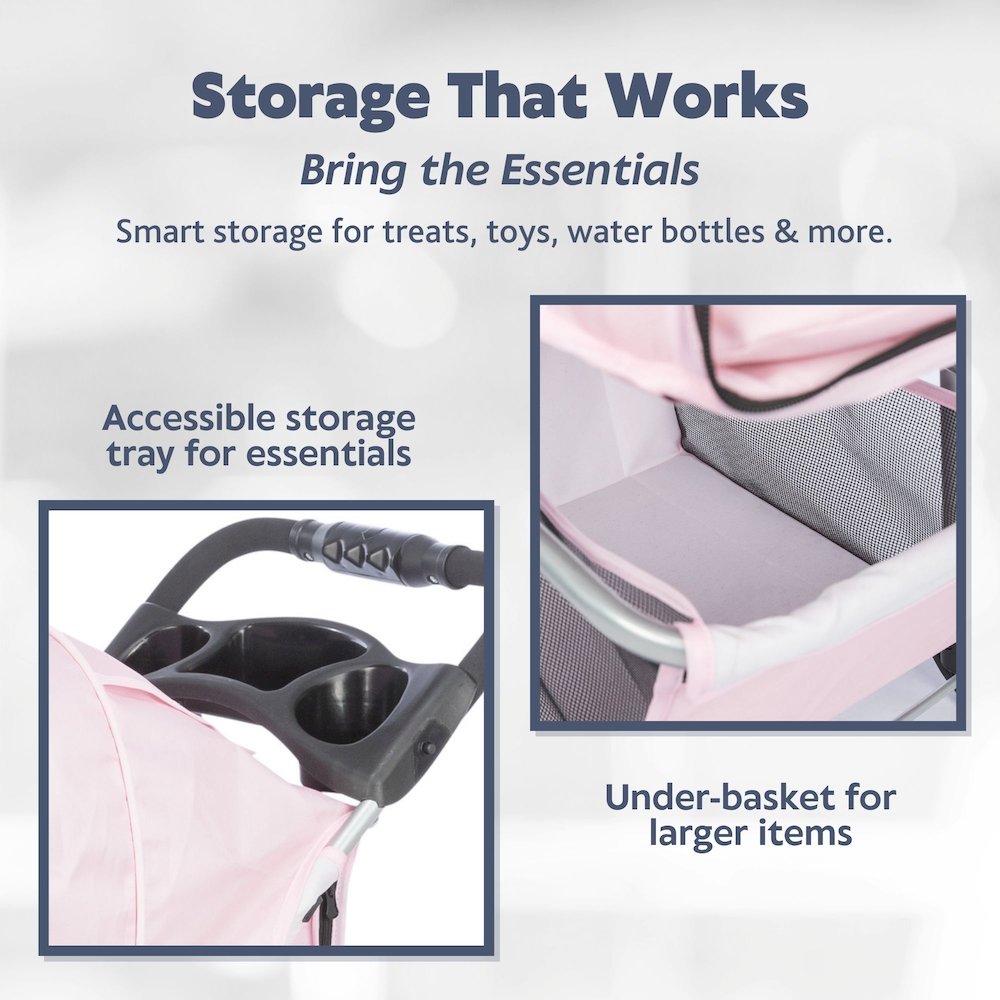 3-Wheeled Foldable Dog & Cat Stroller with Canopy and Storage Compartments, Pink