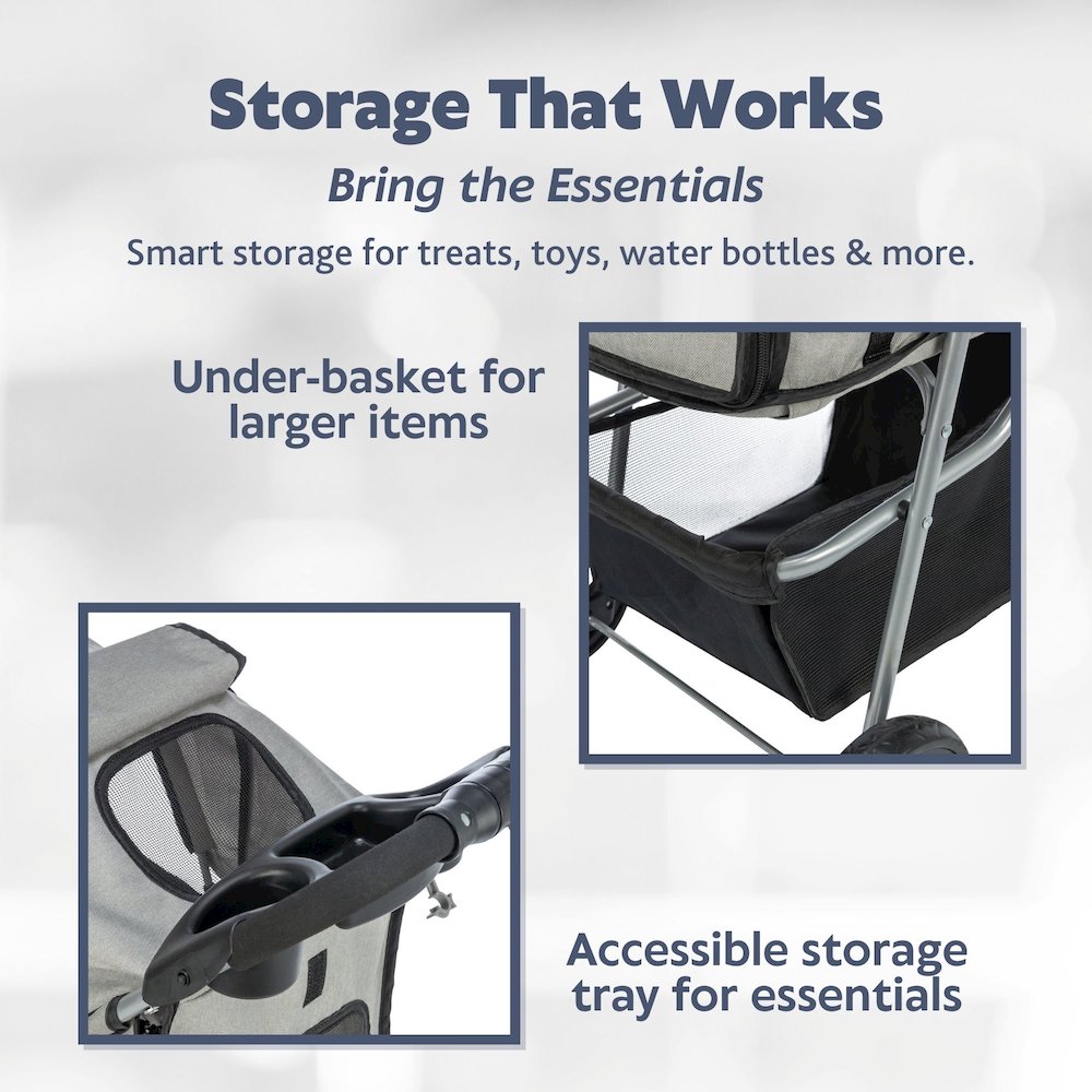 3-Wheeled Foldable Dog & Cat Stroller with Canopy and Storage Compartments, Gray