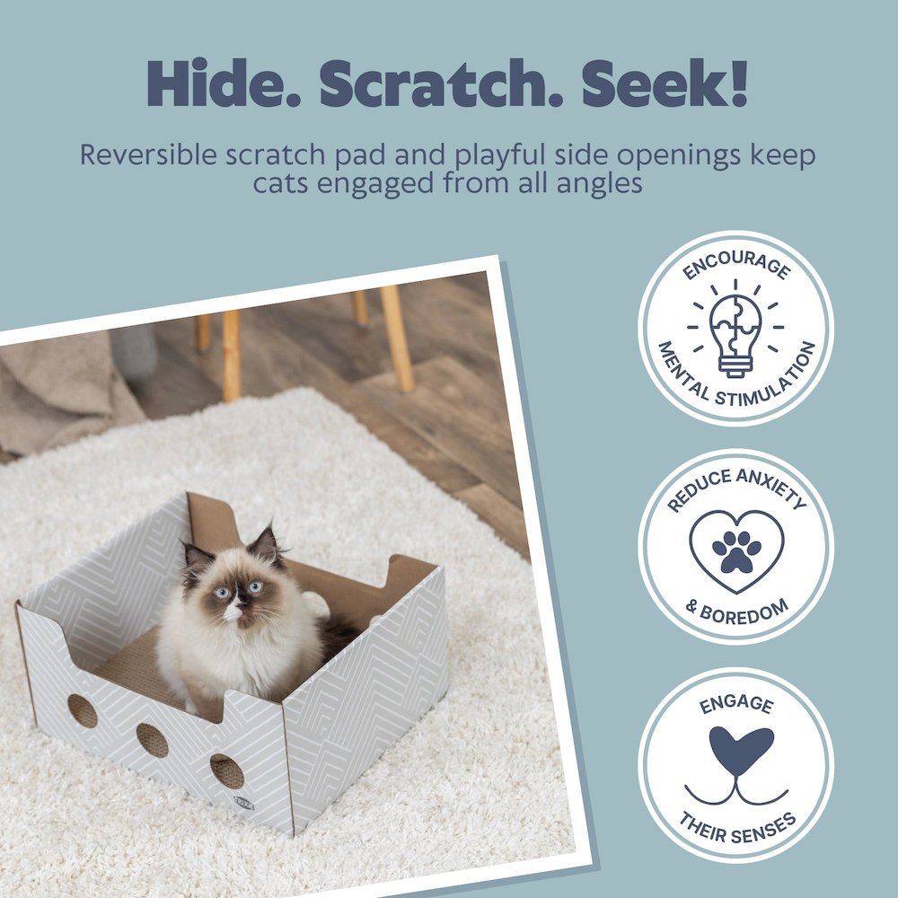 Cardboard Cat Scratching Box with Peek-a-Boo Openings & Double-Sided Scratcher