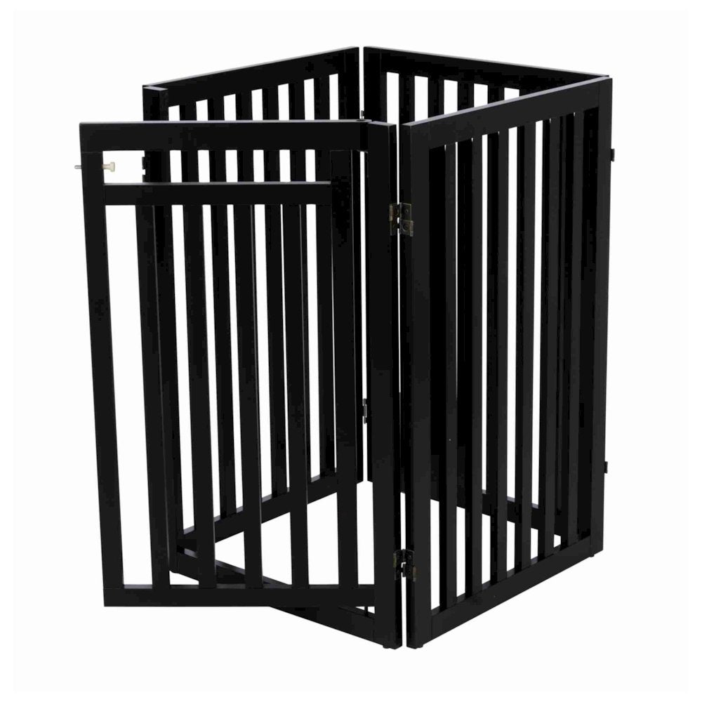 4-Panel Foldable Wood Freestanding Pet Gate, Walk Thru Door, Expands to 80"
