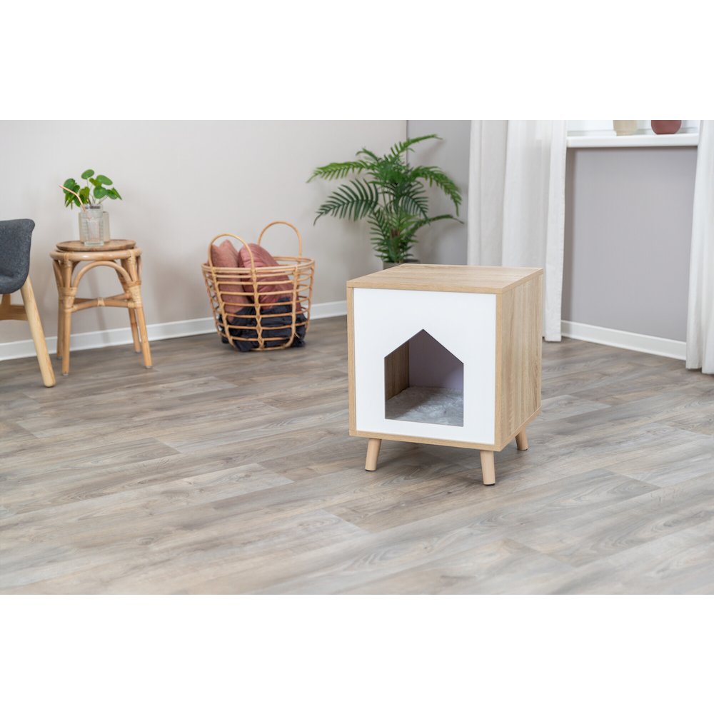 Isa Indoor Wooden Cat Condo, Modern Cat Bed Side Table with Cozy Cushion