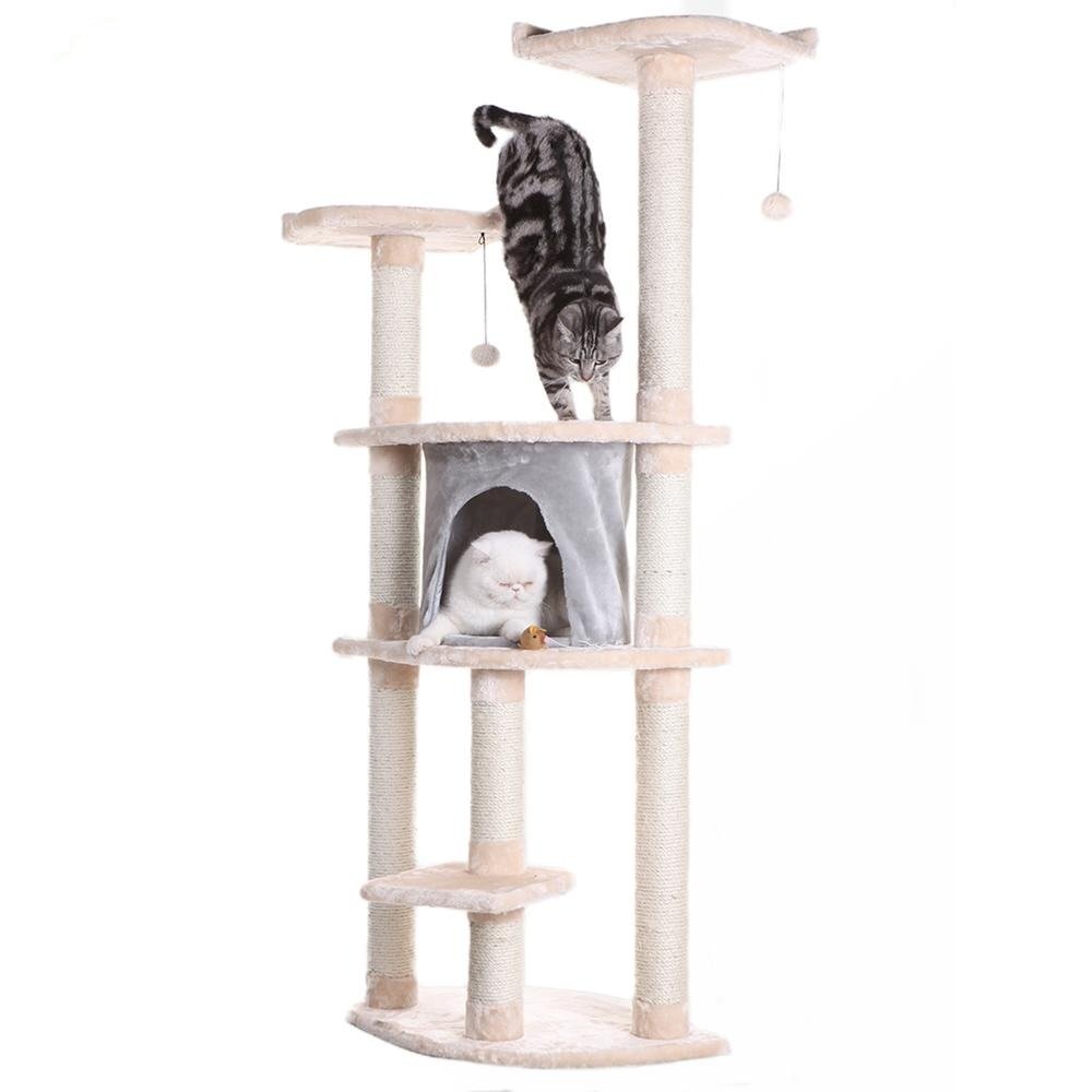 64" Real Wood Cat Tree With Sractch Sisal Post, Soft-Side Playhouse, Almond