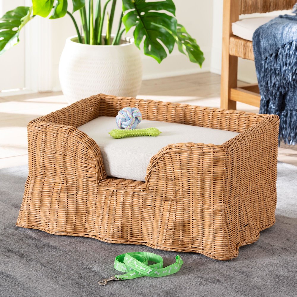 Belita Natural Rattan Pet Bed with Scalloped Base - Enclosed Lounge Bed, 27.6"