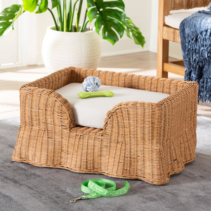 Belita Natural Rattan Pet Bed with Scalloped Base - Enclosed Lounge Bed, 27.6"