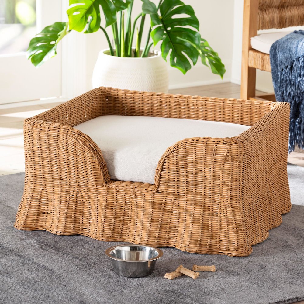 Belita Natural Rattan Pet Bed with Scalloped Base - Enclosed Lounge Bed, 30.2"