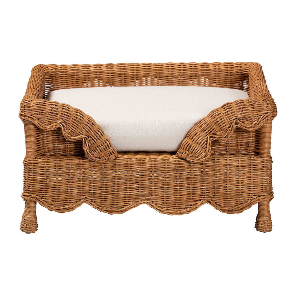 Natural Rattan Pet Bed with Scalloped Sides - Wicker Enclosed Lounge Bed, 25.6"