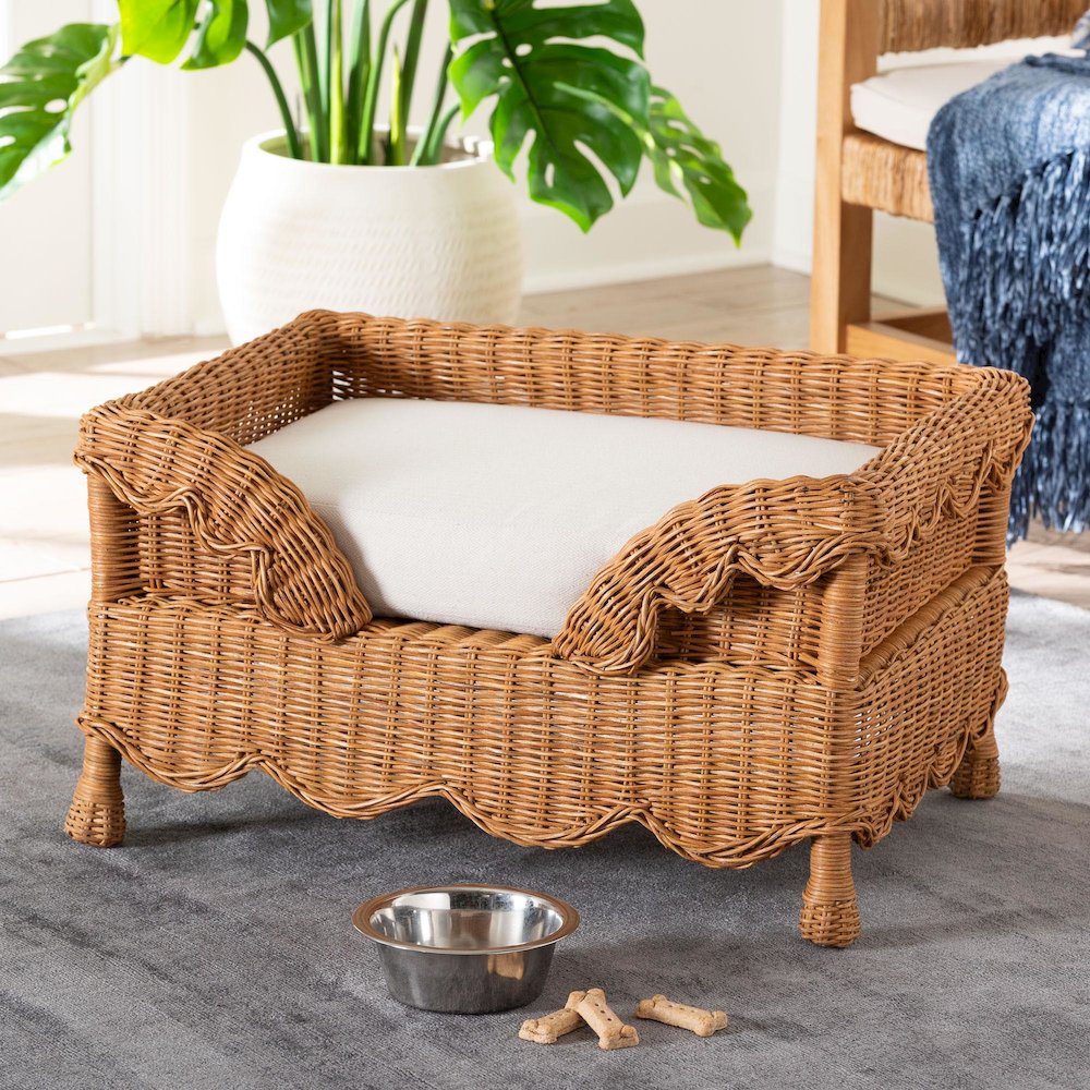 Natural Rattan Pet Bed with Scalloped Sides - Wicker Enclosed Lounge Bed, 25.6"