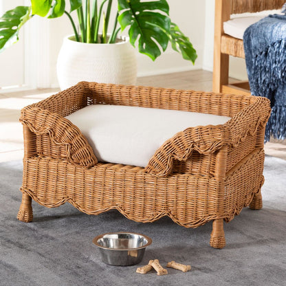 Natural Rattan Pet Bed with Scalloped Sides - Wicker Enclosed Lounge Bed, 25.6"