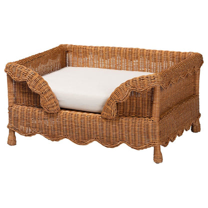 Natural Rattan Pet Bed with Scalloped Sides - Wicker Enclosed Lounge Bed, 31.5"