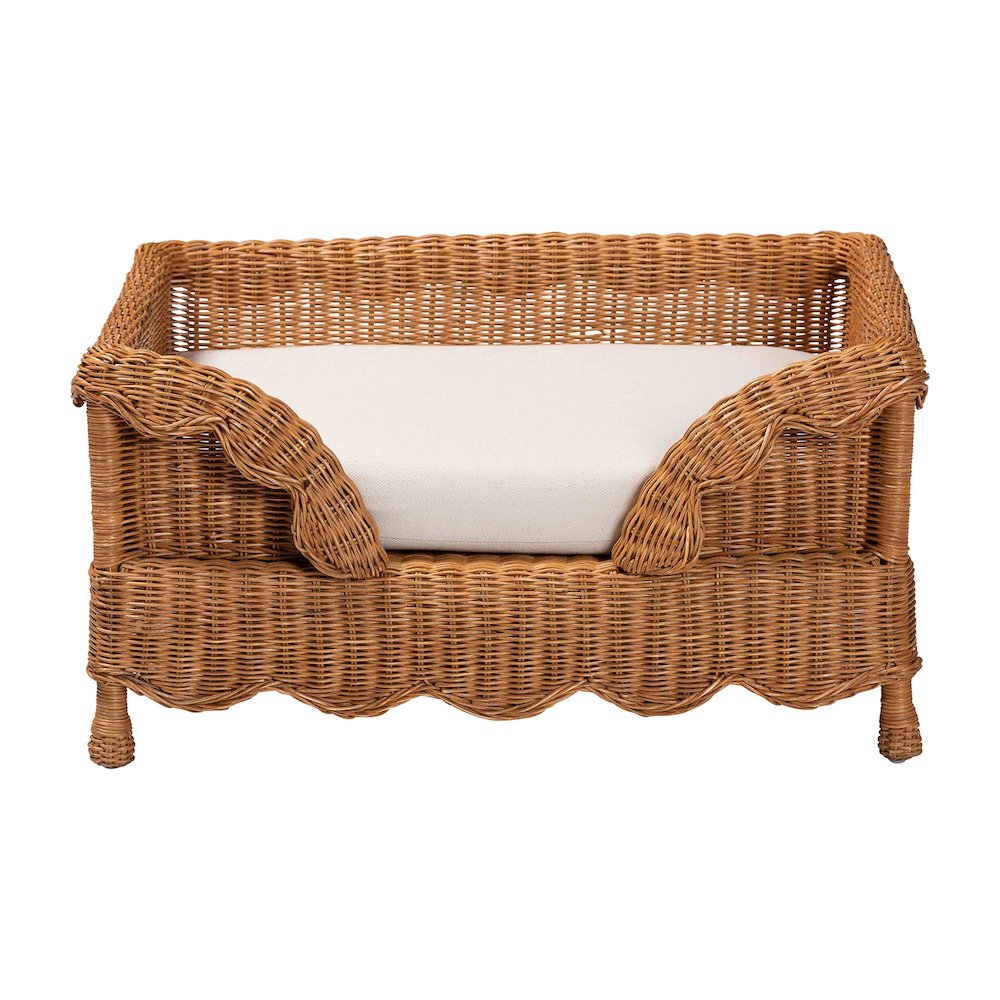 Natural Rattan Pet Bed with Scalloped Sides - Wicker Enclosed Lounge Bed, 31.5"