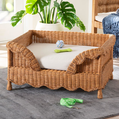 Natural Rattan Pet Bed with Scalloped Sides - Wicker Enclosed Lounge Bed, 31.5"