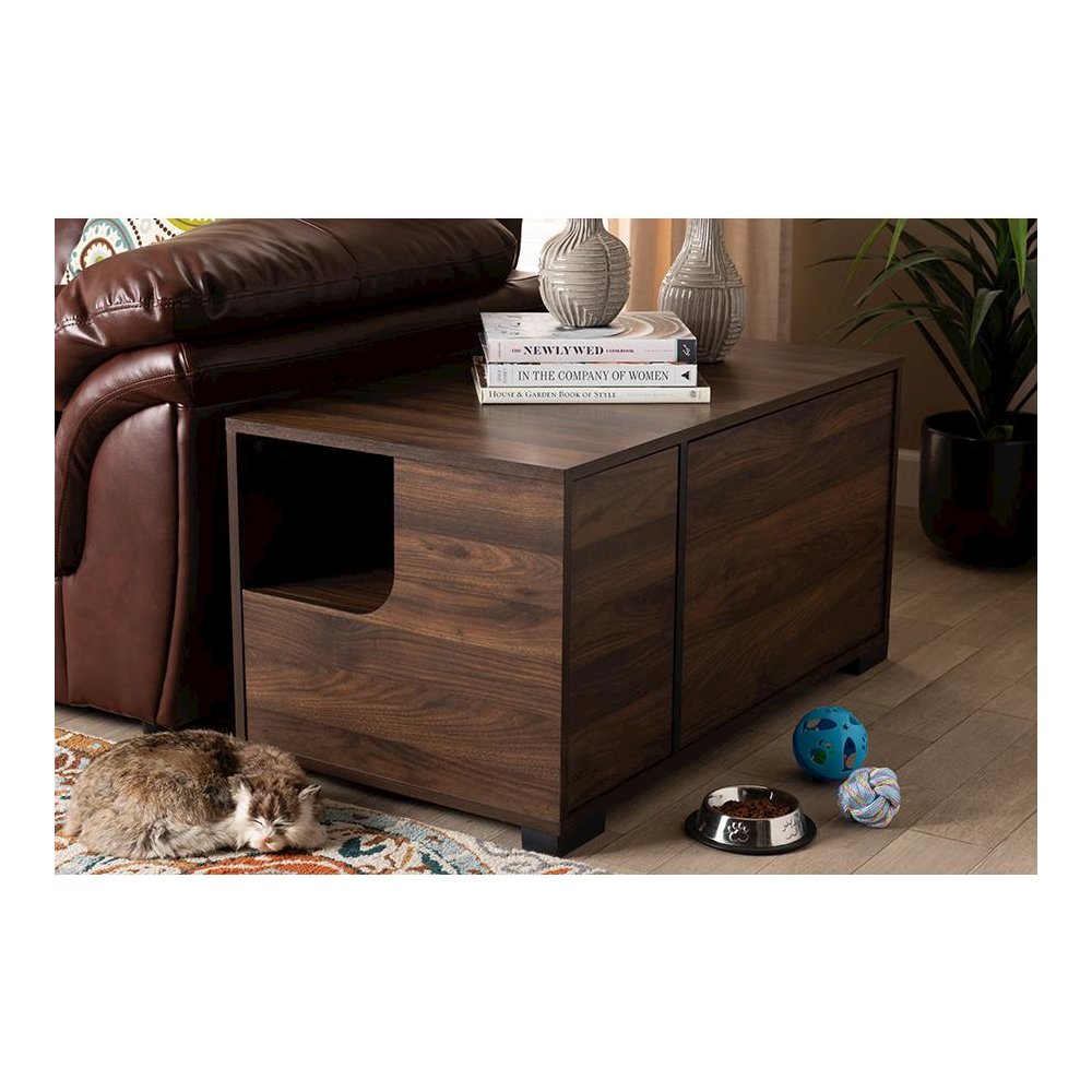 Walnut Brown Finished 2-Door Cat Litter Box Cover House