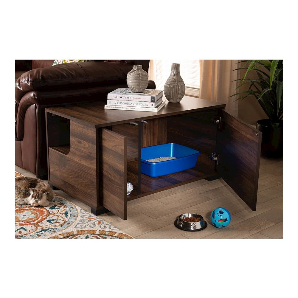 Walnut Brown Finished 2-Door Cat Litter Box Cover House
