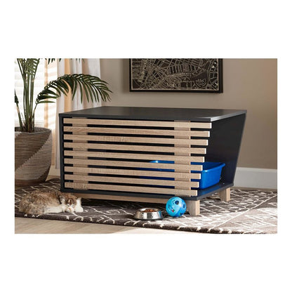 Two-Tone Dark Grey and Oak Finished Wood Cat Litter Box Cover House