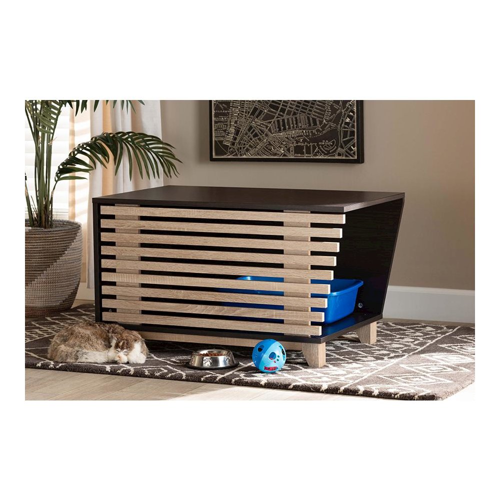 Two-Tone Dark Brown and Oak Finished Wood Cat Litter Box Cover House