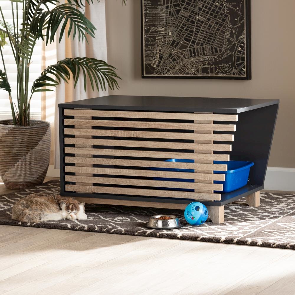 Two-Tone Dark Grey and Oak Finished Wood Cat Litter Box Cover House