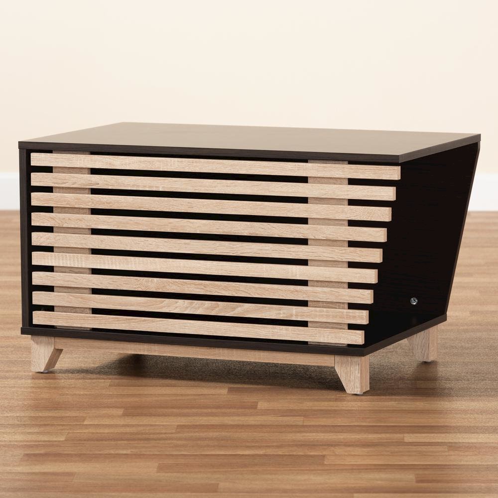 Two-Tone Dark Brown and Oak Finished Wood Cat Litter Box Cover House