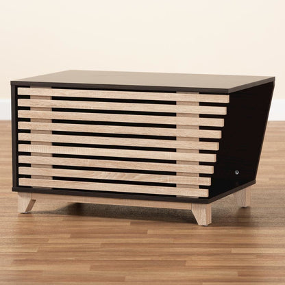 Two-Tone Dark Brown and Oak Finished Wood Cat Litter Box Cover House