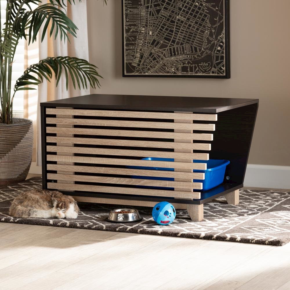 Two-Tone Dark Brown and Oak Finished Wood Cat Litter Box Cover House